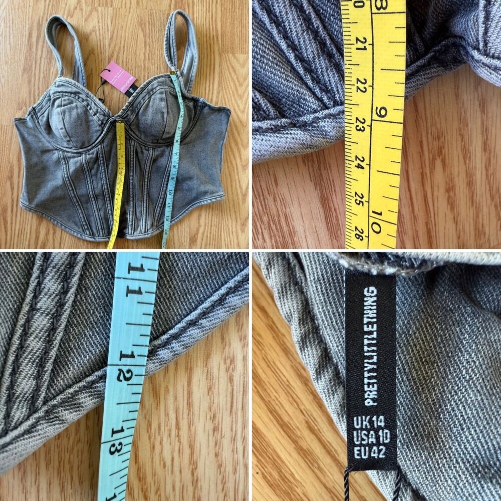 PrettyLittleThing Washed Grey Denim Corset Top Size 10 Dip Hem Bust Cup Bustier - Picture 7 of 10